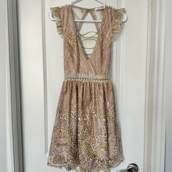 Hello Molly Roaming Free Dress Small Champagne Glitter Lace Up Back Party Mini - Picture 3 of 14